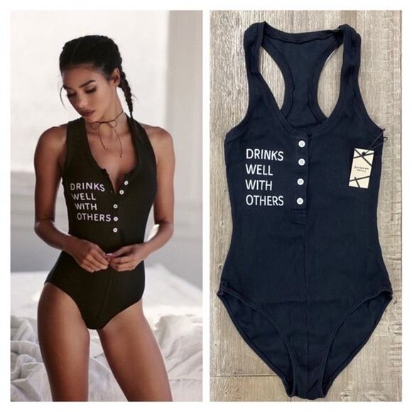 Daydream Nation Black / White Drinks Well With Others Bodysuit Size Large - Picture 1 of 14